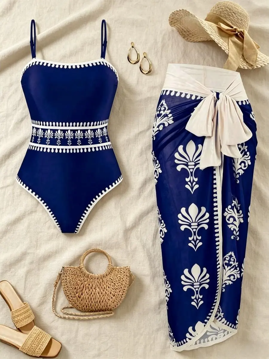 Women's 2026 Navy Blue Ornate Print 2-Piece Swimwear Set - Spaghetti Strap Bathing Suit, Matching High-Waist Sarong Wrap, Beach & Resort Outfit (bathing suit cover ups, beach swimsuit coverup, cover ups swimsuits)
