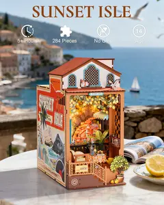 Rolife Sunset Isle DIY Book Nook Kit, 3D Puzzles Coastal Sunset Theme Miniature House Kit, Lemon Tree & Seaside View Decor for Bookshelf, Creative Gift for Adults