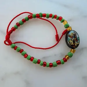 Saint Michael Green And Red Beaded Bracelet Adjustable