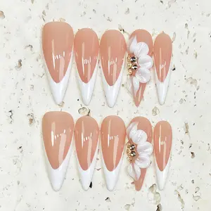 Press On Nails Set, Handmade 10PCS Long Stiletto Nude Pink French Tip Nails with 3D White Flower & Gold Rhinestone, Reusable Long-Lasting Glossy False Nails, Fake Nails, Easy Apply Nail Art for Bridal Wedding Prom Daily Wear, Perfect Gift for Her