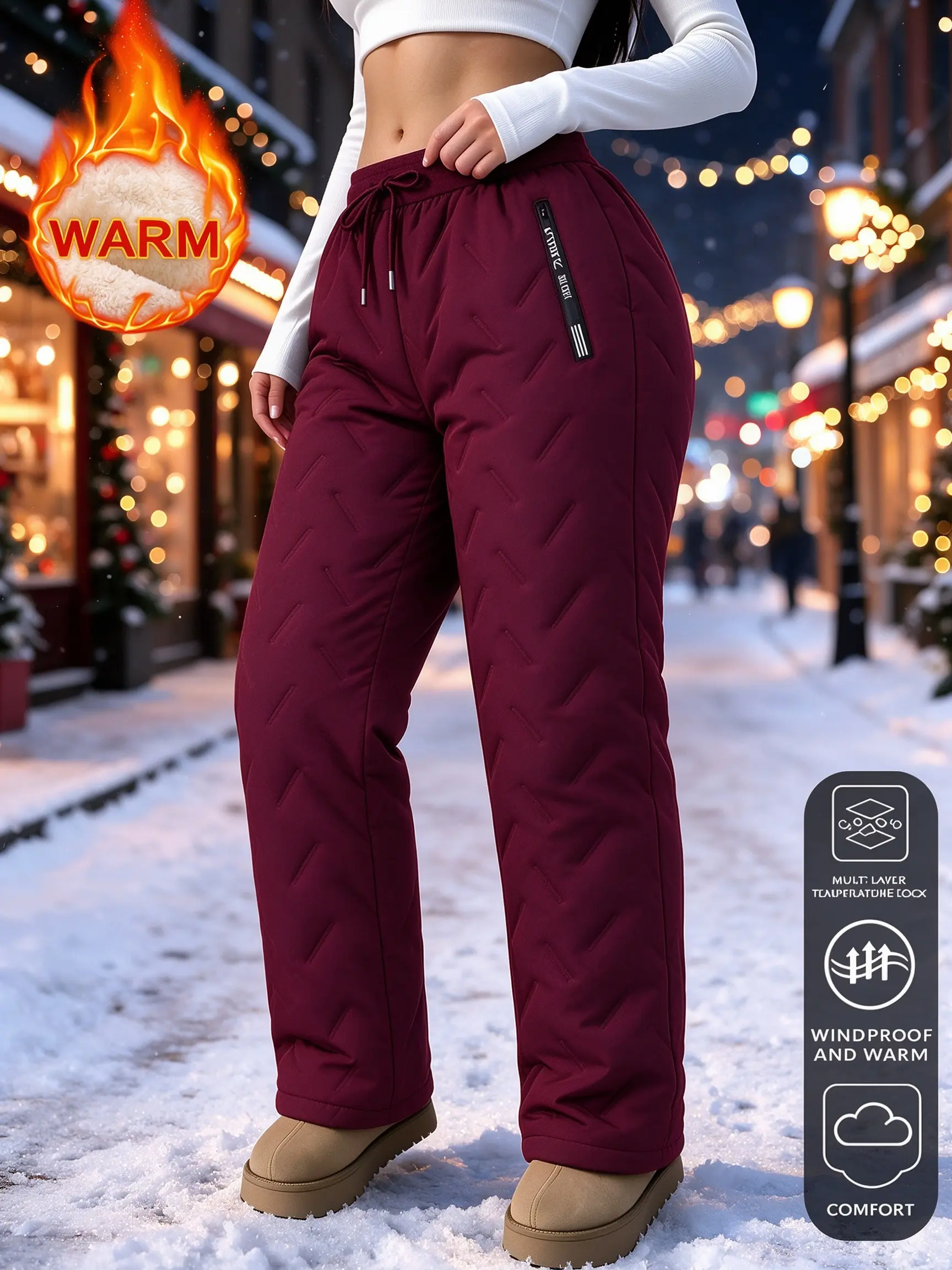 Women’s Sherpa-lined quilted winter pants, windproof, drawstring waist, wide-leg warm snow pants with zippered pockets