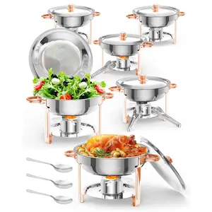 Garvee 4-Pack 5QT Round Rose Gold Stainless Steel Professional Buffet Chafing Dish Set - Food Warmers with Glass Lids, Lid Holders, Spoons, Tweezers - Ideal for Catering, Weddings