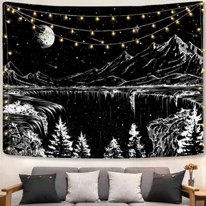 Black and White Tapestry Starry Night Mountain Tapestries for Bedroom Aesthetic Moon and Stars Lightweight Tapastry Wall Hanging Dark Nature Forest Wall Tapestry for Living Room Dorm