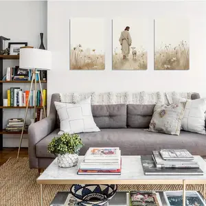 2D canvas, 3-piece high-definition waterproof wall art framed canvas painting Jesus and the Lost Lamb, flower field shepherd, biblical watercolor painting, minimalist Christian faith, vintage wall art for bedroom and living room decoration (wrapped canvas