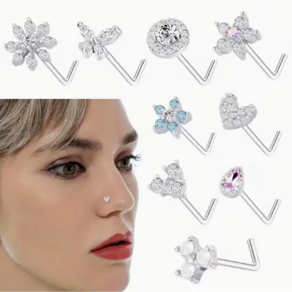9pcs Nose Rings Stud, L Bone Screw Shaped Nose Ring, Flower Snowflake Butterfly Screw Nose Stud summerwins