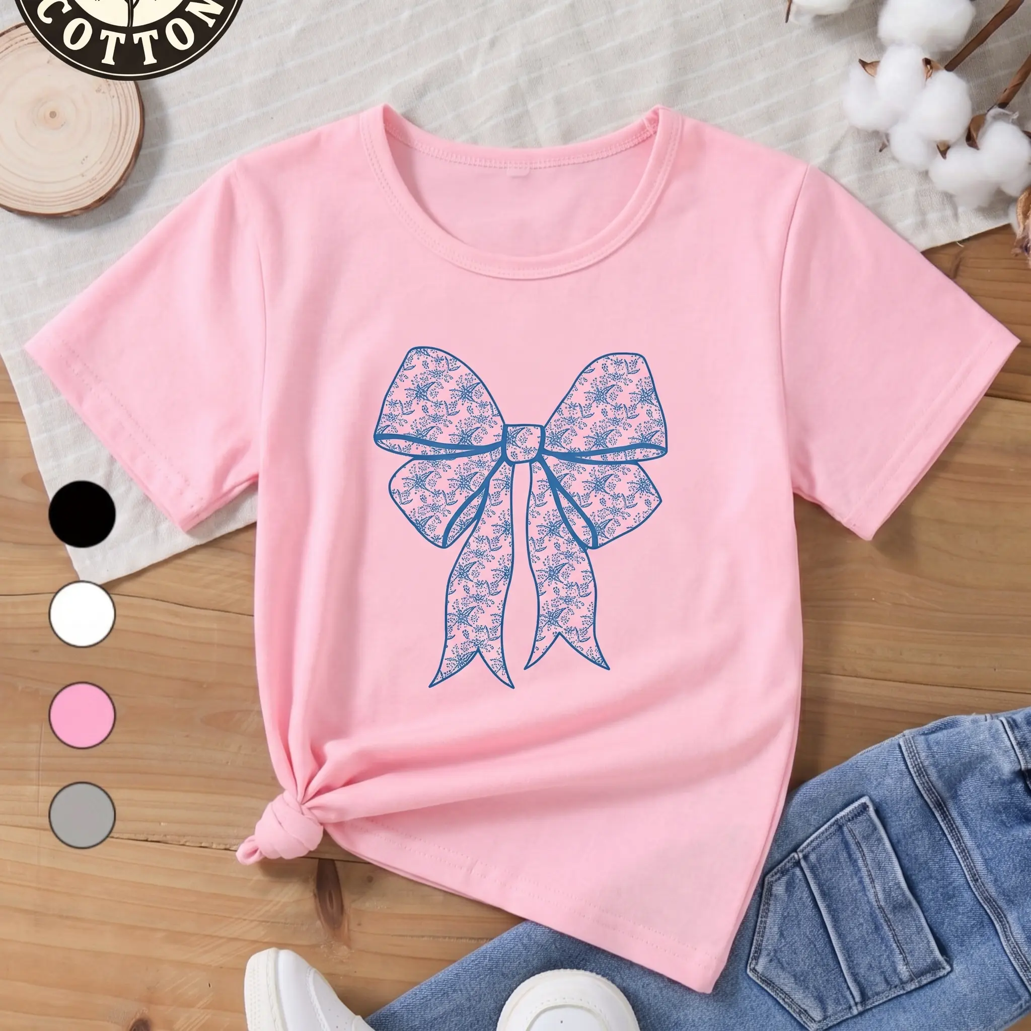 Blue Floral Bow Kids T-Shirt, Vintage Blue Pattern Bow Short Sleeve Cotton White Toddler Girls Tee
