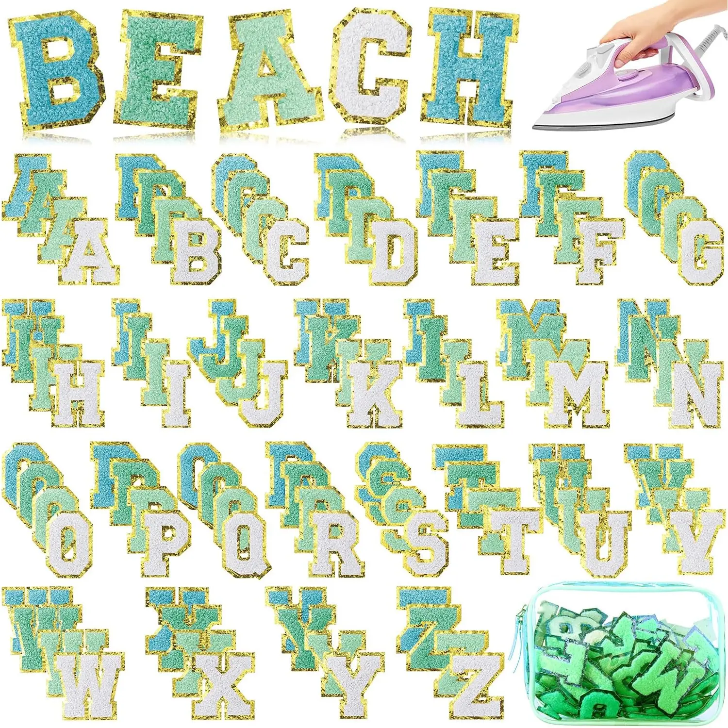 Macaron Color Chenille Letter Patches, 104pcs Cotton Alphabet with Golden Glitter, Self-Adhesive and Easy Iron-On for Clothing, Backpacks, Hats, Backpack, Easy To Apply