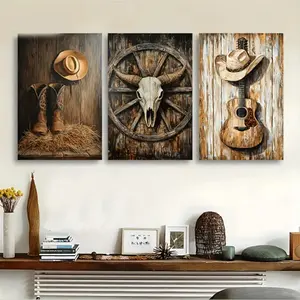 3 Pieces US Western Cowboy Hat Boots Guitar Art Prints, Western Style Wall Mural, Vintage Home Art, Country Style Gallery Decor, Warm Tone Painting, Wall Decor for Living Room and Bedroom, Framed or Unframed Options Available.