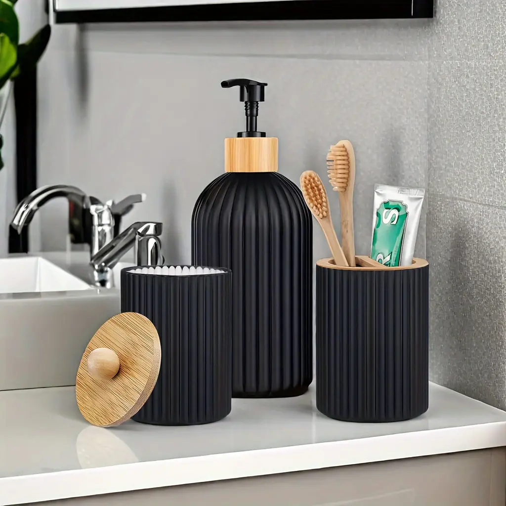 Manual 3pcs Plastic Freestanding Bathroom Dispenser Set, Refillable Lotion Dispenser, Swab Holder, Toothbrush Organizer, No Electricity Needed