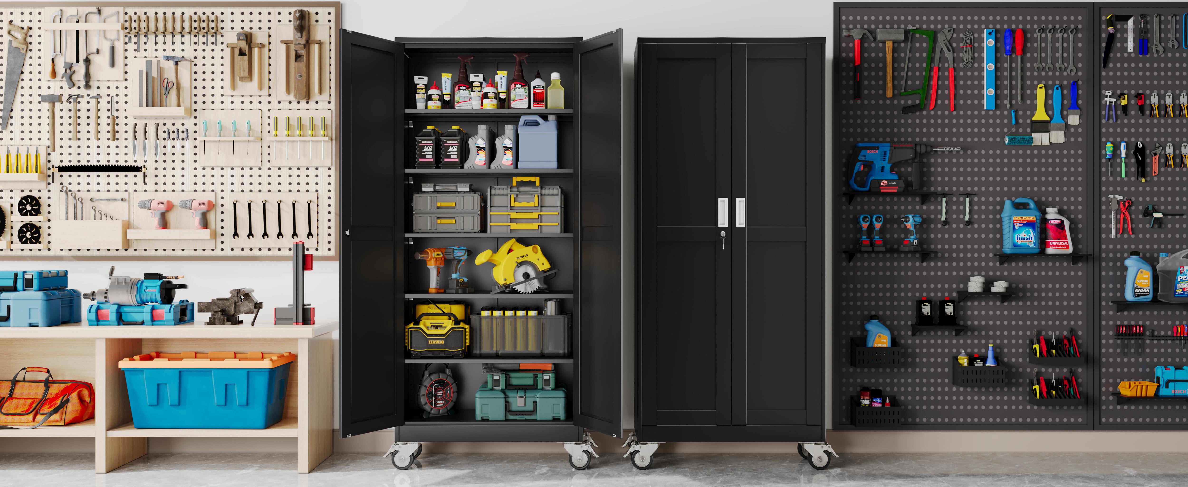 Heavy-Duty Metal Storage Cabinet with Wheels, 2-Door Steel File Cabinet with 5 Adjustable Shelves for Garage, Home Office & Warehouse