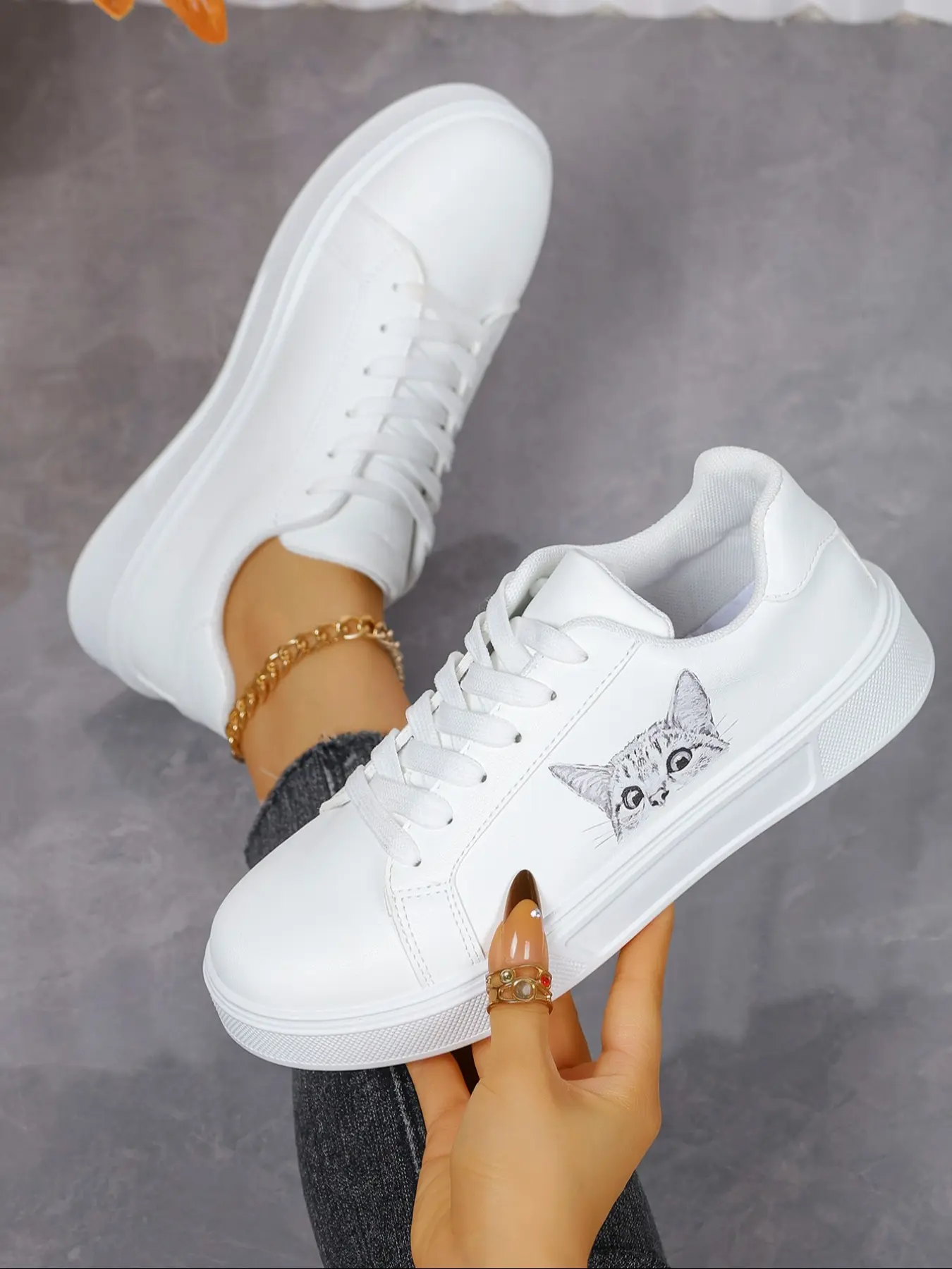 Breathable Cat Print Sneakers, Low Top PU Leather Casual Shoes, Comfortable Eva Sole, All Seasons, Perfect for Students