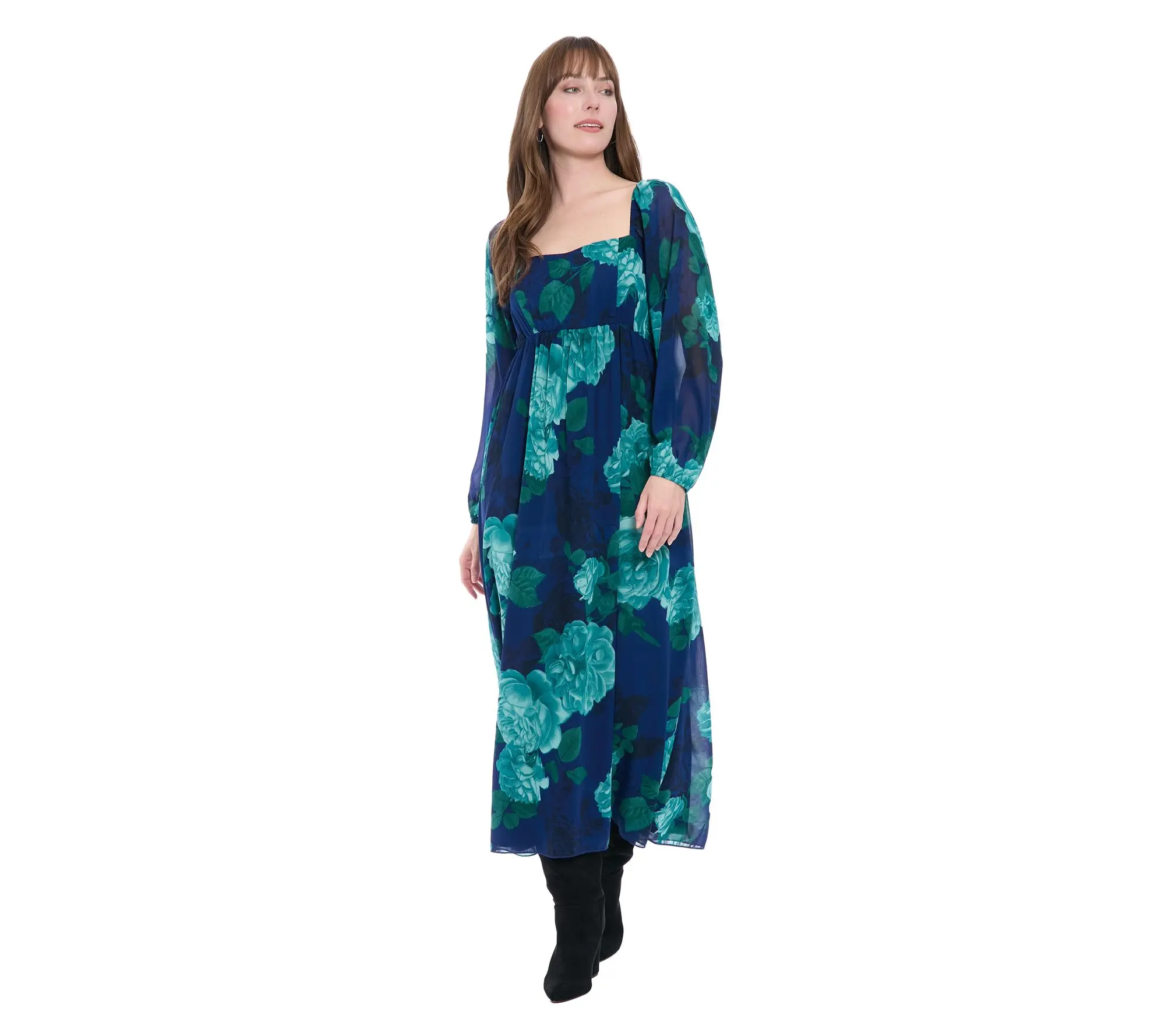 London Times Print Sheer Maxi Dress with BishopSleeve