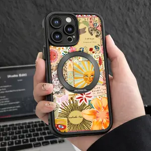 Pop Socket Phone Case Black Color Floral And Sun Pattern With Inspirational Texts For Iphone 17 16  Air Plus  Max pro other model lovely  slim shockproof cover pocket-friendly cellphone cover  protective holiday best gift xr