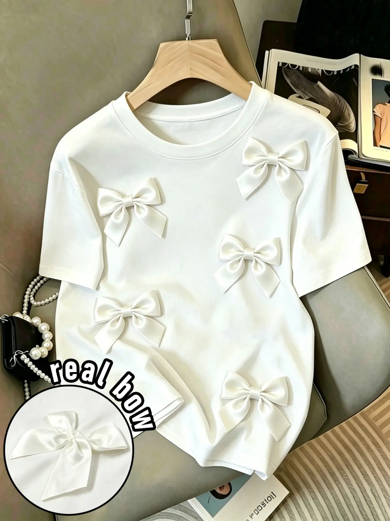 Sweet Bowknot Fashion 3D Embellished Elegant Round Neck Women's Everyday Summer Short Sleeve Top, All Seasons, XS-Xl Sizes