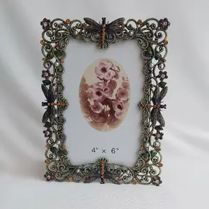 Vintage Bronze Zinc Alloy Photo Frame, Enamel and Rhinestone Decor, Square Shape, Antique Style, Colorful Design, Single Piece