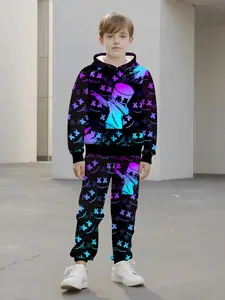 Boys' Marshmallow Cotton Candy Gradient Cyberpunk 3D Digital Print Hoodie Sweatpants Set, Casual Long Sleeve Slim Fit Spring & Fall
