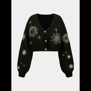 New Knitted Cardigan with Plant Snake Embroidery, Elegant Loose-Fit Long Sleeve Sweater, Fall & Winter Fashion, Soft and Comfortable Knitwear Womenswear