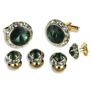 Crystal Cufflinks and Studs with Emerald Center
