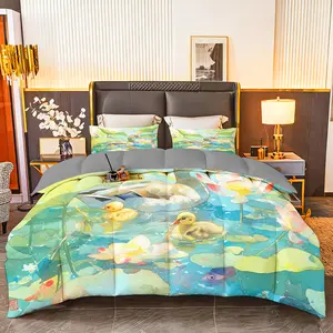 3pcs (1 comforter + 2 pillowcases) Watercolor Duck & Lotus Bedding Set, All - Season Soft Microfiber, Hypoallergenic, Wrinkle & Fade Resistant, Easy - Care, Queen/King/Full Size, Decorative for Bedroom, Guest Room, Home & Dorm