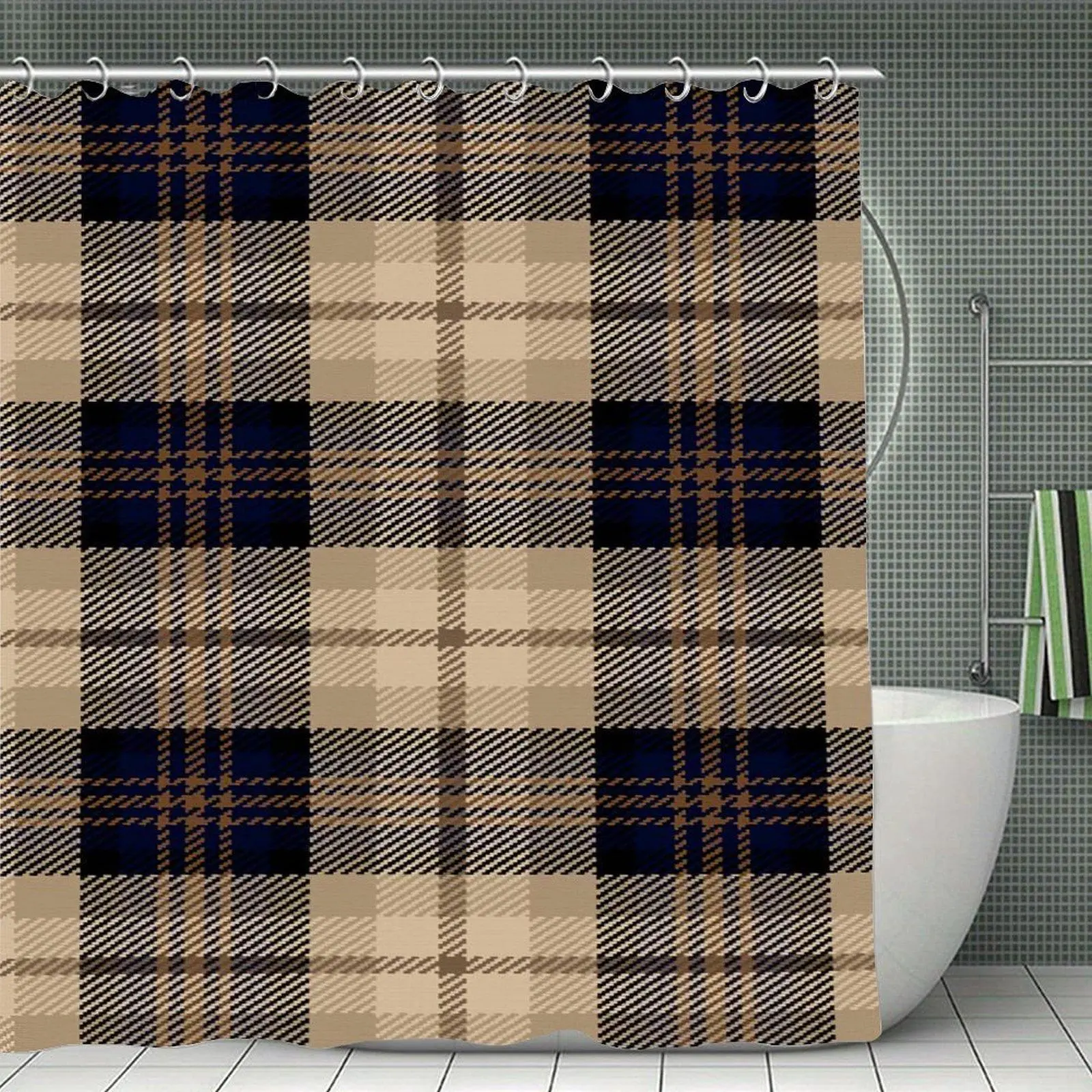 Navy Beige Plaid Pattern Shower Curtain