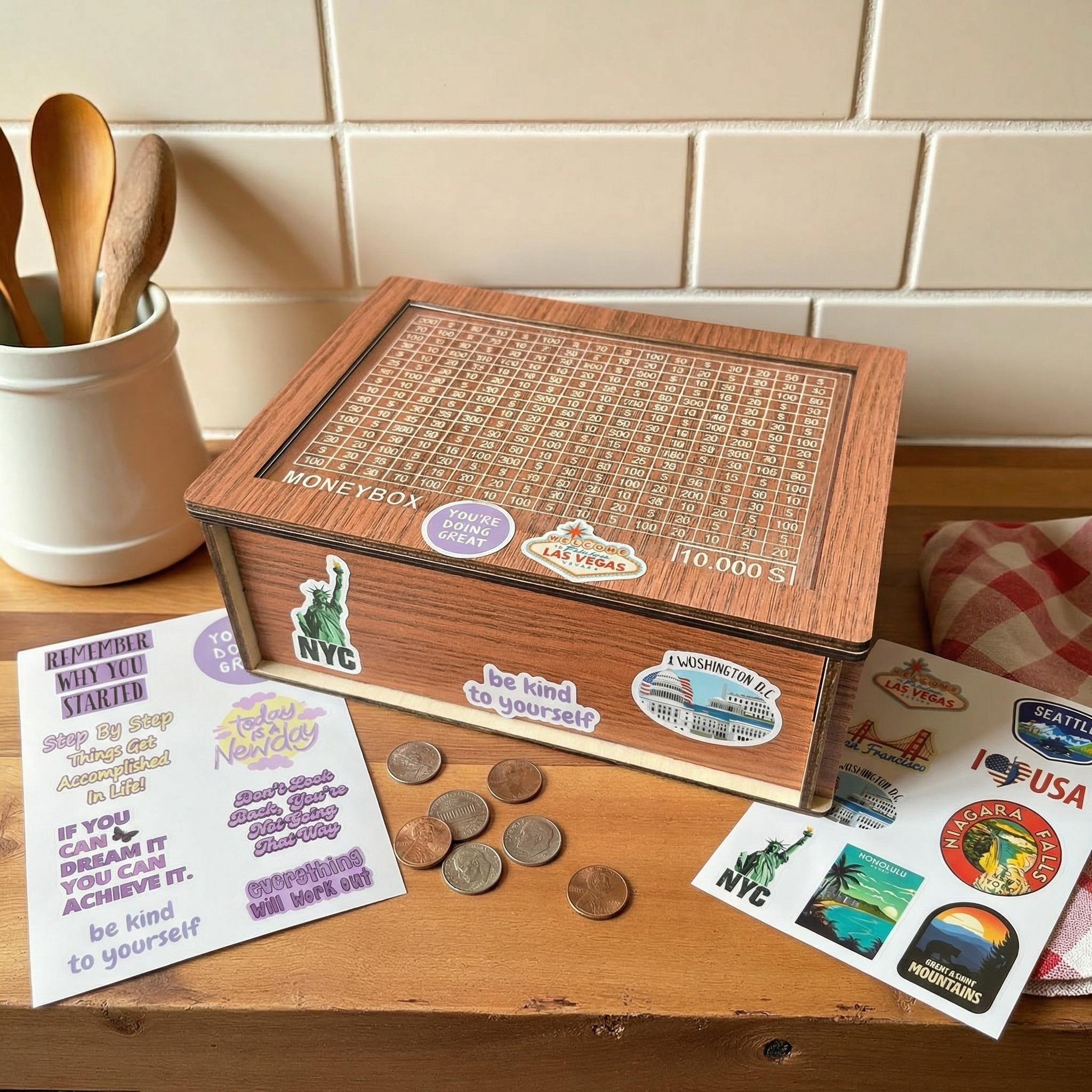 10,000 US dollars savings challenge box, self-disciplinemachine, DIY decoration box, equipped with various printed stickers, the best gift choice, Mother's Day gift budget savings machine, Children's Day gift