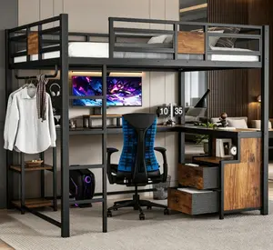 Queen Size Metal Loft Bed with Desk, Non-Woven Fabric Storage Drawers and Ladder - Noise-Free, No Box Spring Needed
