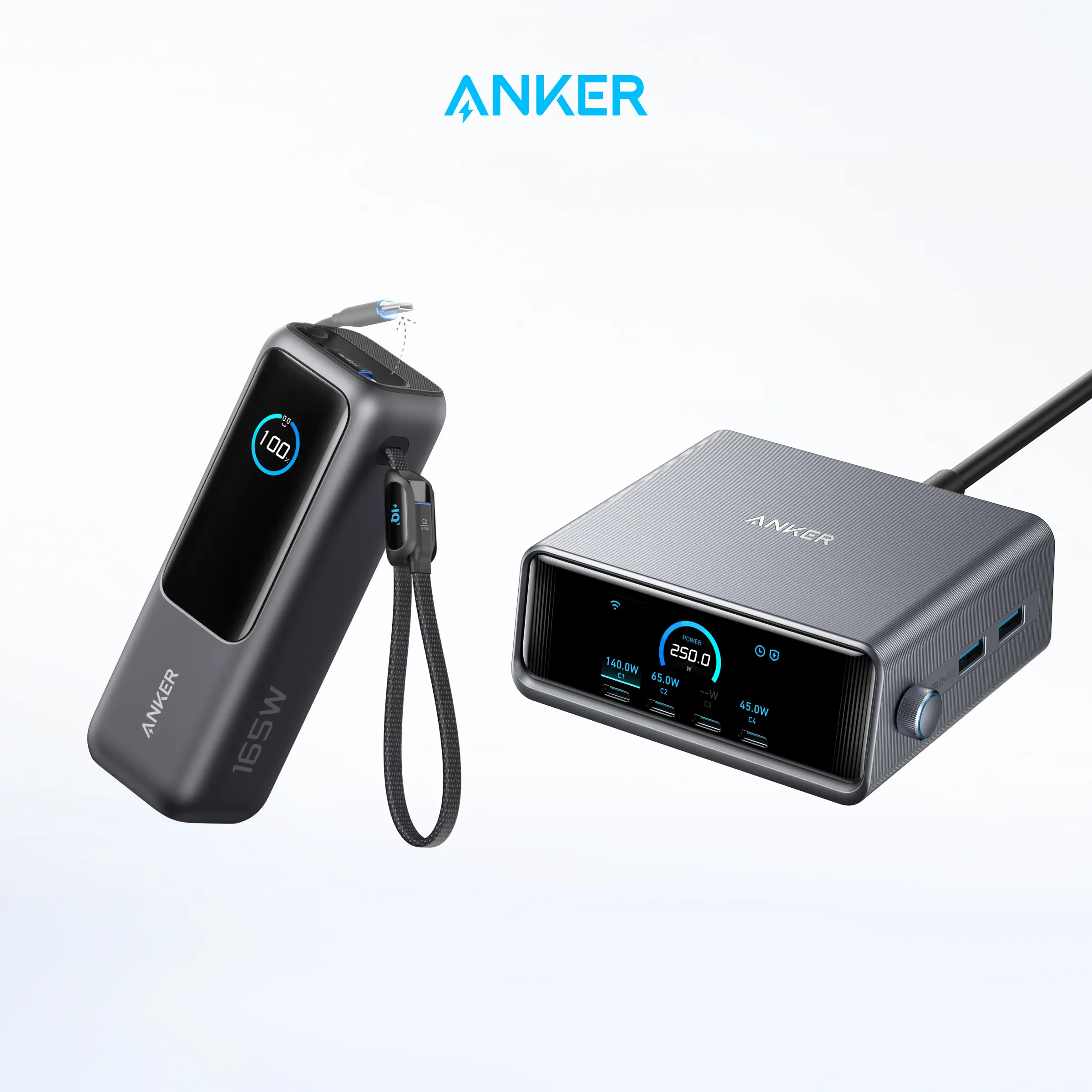 Anker Portable Laptop Power Bank with Built-In Cables, 25,000mAh High-Capacity Battery, Fast Charging for 4 Devices and Anker Prime Charger, 250W 6-in-1 GaN Charger with Smart LCD