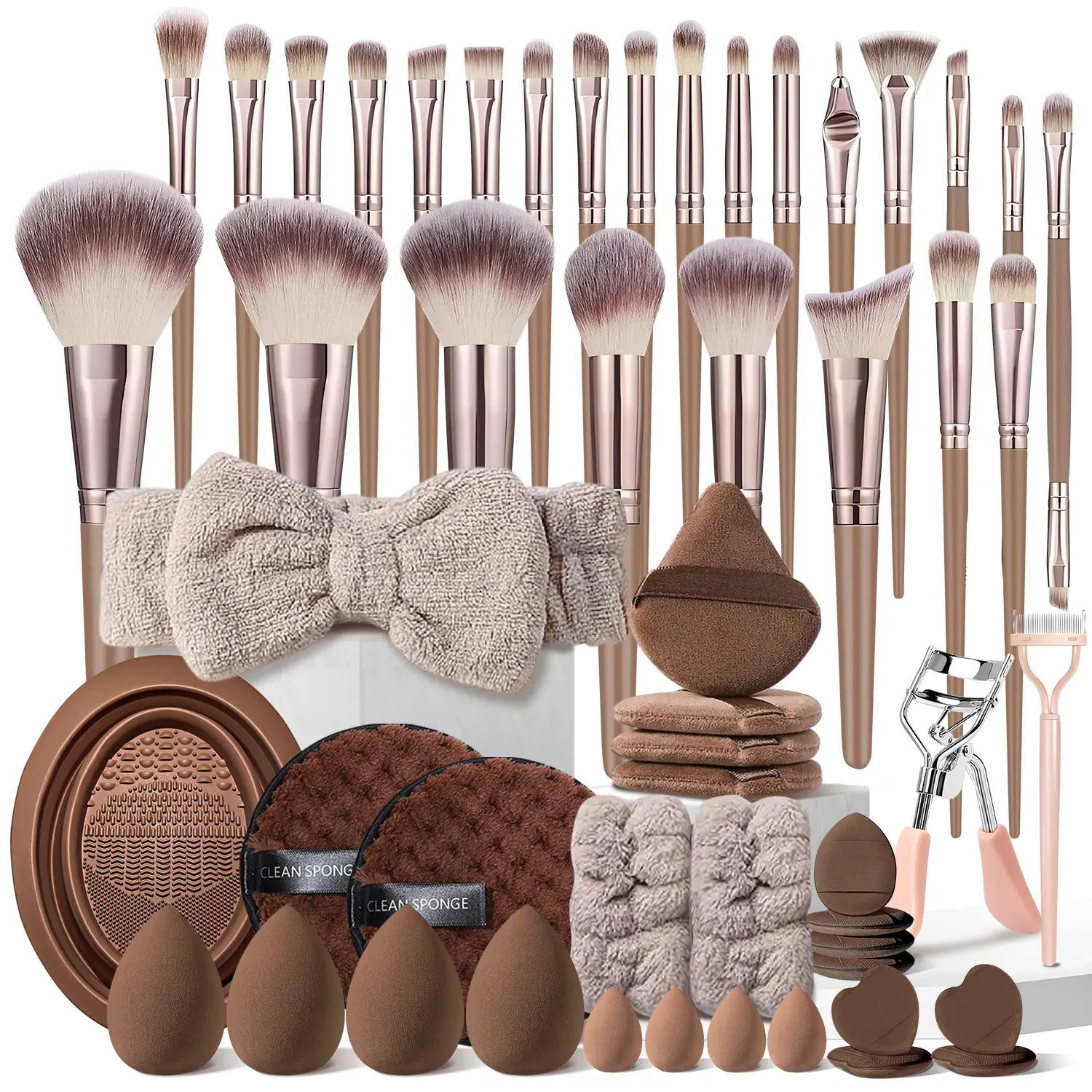 Multifunctional Makeup Brush Set, Makeup Tool Set includes 25Pcs Portable Beauty Brushes, Eye Beauty Tools, Makeup Sponges, Finger Puffs, Triangle Puffs, Cleaning Brush, Headband&Wristbands, Cleaning Sponges, Brown Make Up Brush Kit for Any Makeup Routine