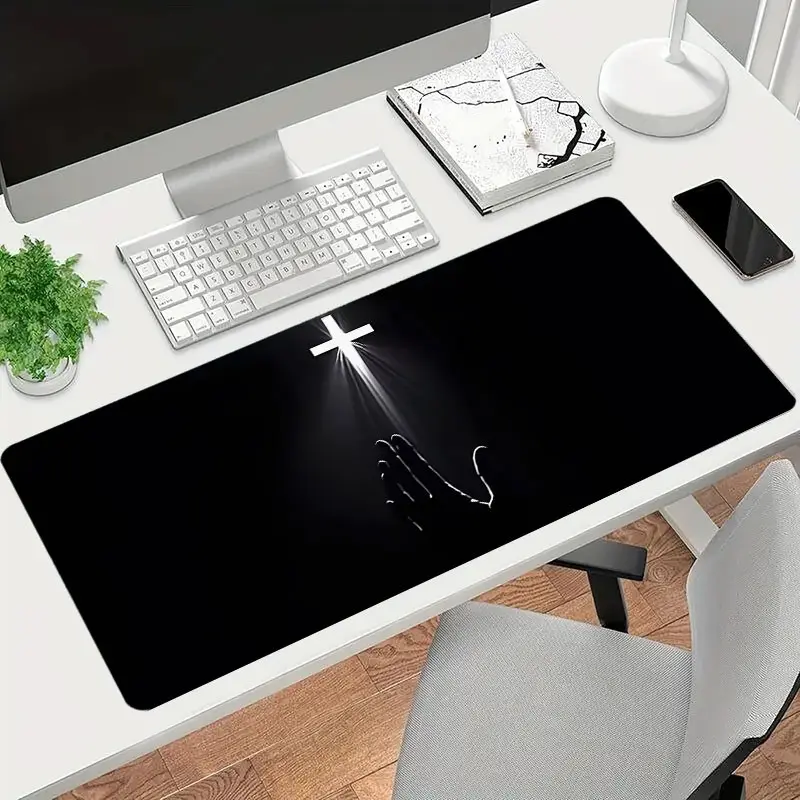 Jesus Cross Mouse Pad Black Christians Desk Mat XL Mouse Pad Office Desk Accessories, Desktop Accessory, Non-Slip Stitched Edge 35.4x15.7 Inches Rubber Base Keyboard Pad for Home Office & Gamers, Spill-Resistant, Computer Desk Mat