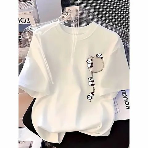 2026 Fashion New Arrival Women's Round Neck Panda Print Fashion Short Sleeve Summer Casual T-Shirt