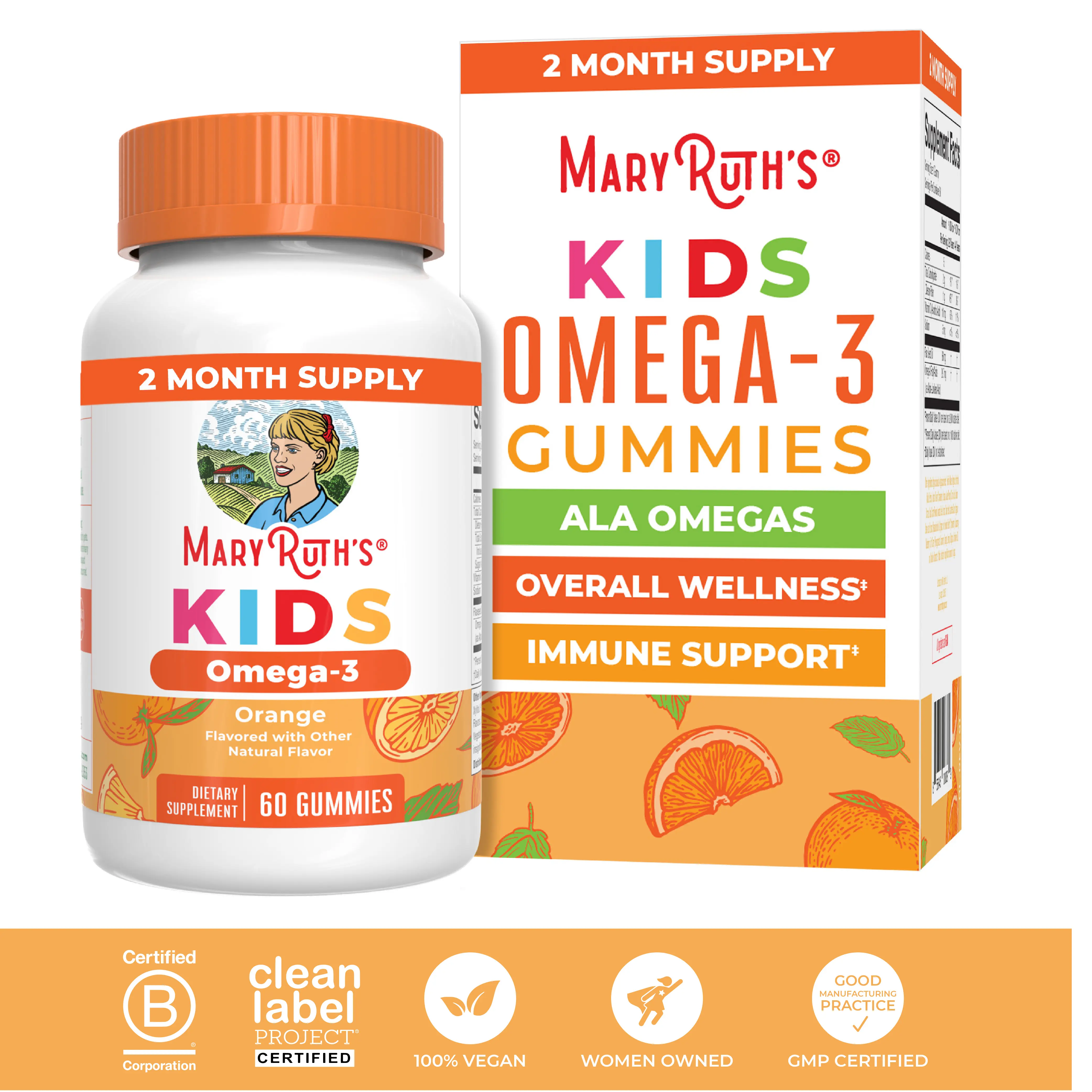 MaryRuth's Kids Vegan Omega 3 Gummies - No Fish Taste - 2 Month Supply - Omega 3 With Vitamin C - Flaxseed Oil - Immune Support - Sugar Free