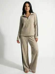 Women's Loose-Fitting Long Sleeve Top & Wide Leg Pants Set, Stripes Casual Plain Knitwear for Fall Winter Home Wear Aesthetic Womenswear