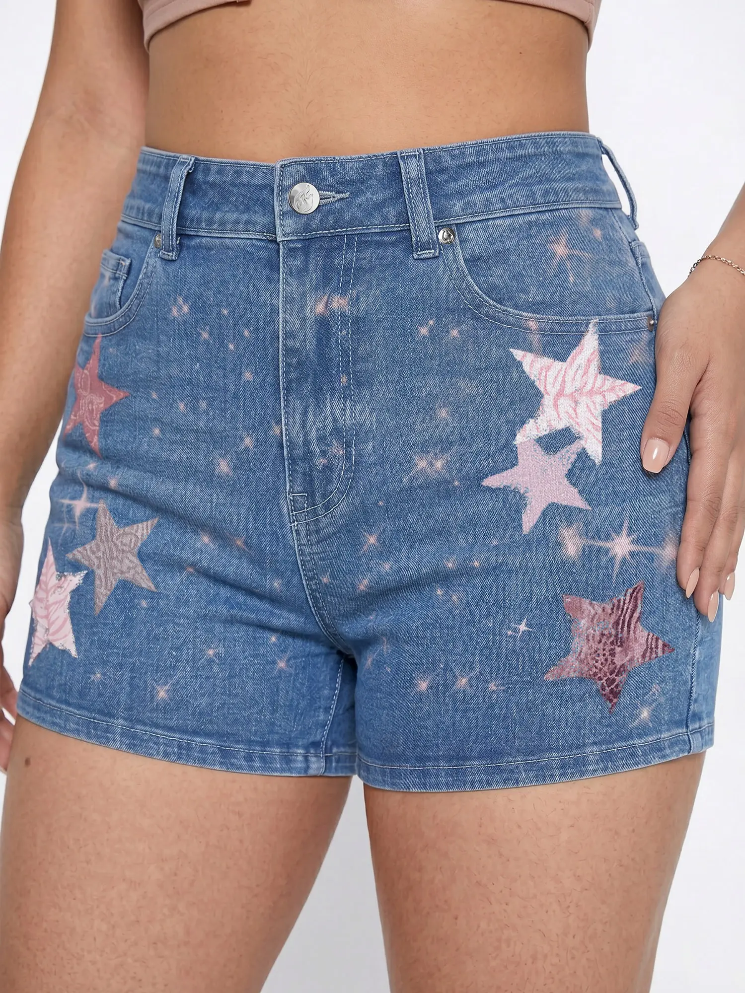 JR JEANIUS WEAR Women’s Light Wash High-Waisted High-Stretch Denim Raq Jorts, Multi Star Print Jean Shorts Flattering for Thunder Thighs, Cute Y2K Summerwins Streetwear Bottoms for Daily Casual Wear
