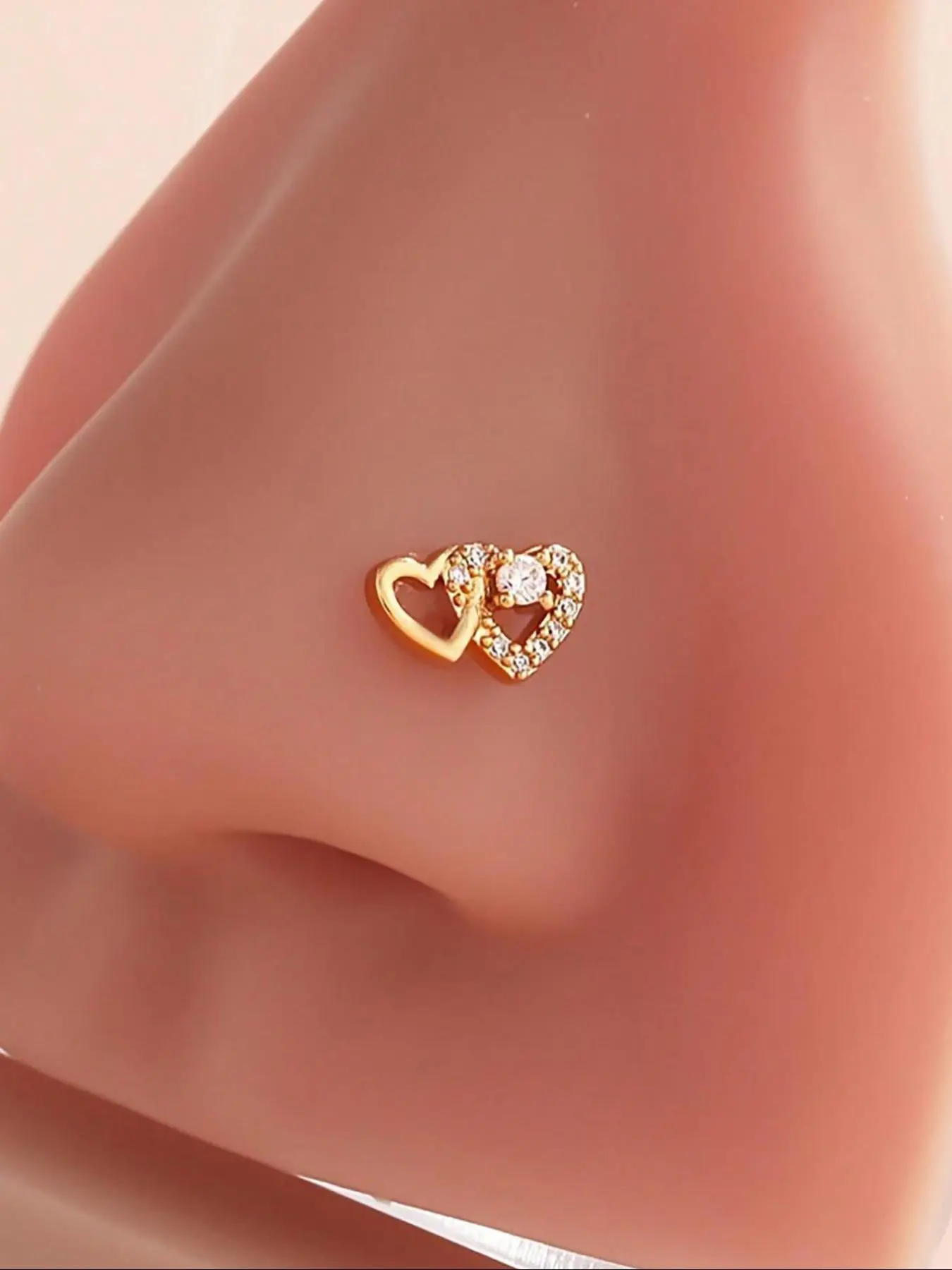 Double Heart L-Shaped Nose Ring, Shimmering L-Shaped Bone Piercing Jewelry, Elegant Nose Ornament for Trendy Look, Double Nose Pierced Jewelry, Body Jewelry, Body Jewellery, Body Piercings