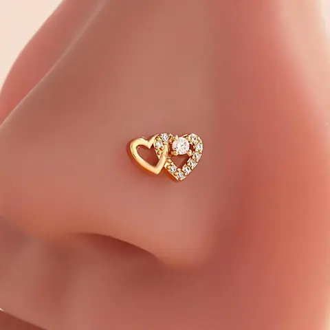 Double Heart L-Shaped Nose Ring, Shimmering L-Shaped Bone Piercing Jewelry, Elegant Nose Ornament for Trendy Look, Double Nose Pierced Jewelry, Body Jewelry, Body Jewellery, Body Piercings