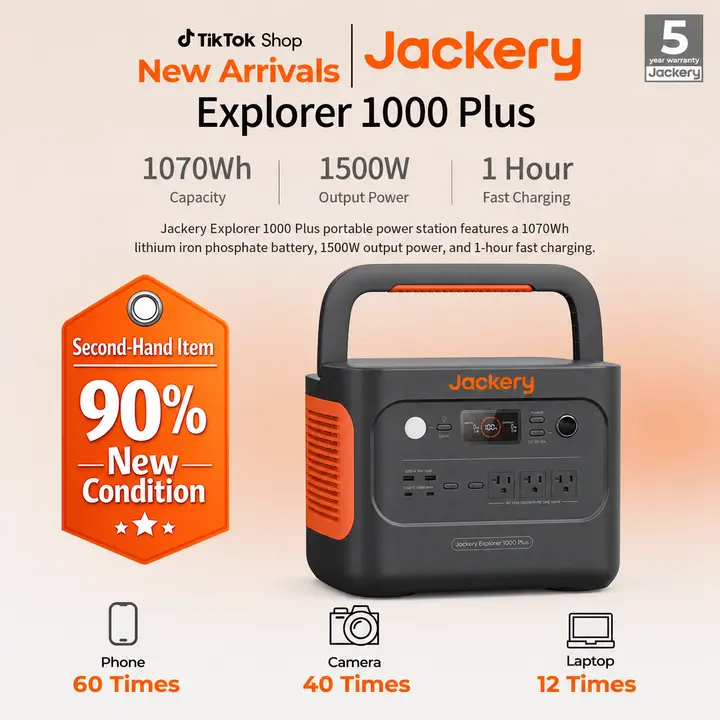 [Second-hand item in 90% new condition] The Jackery Explorer 1000 plus portable power station features a 1070Wh lithium iron phosphate battery, 1500W output power, and 1-hour fast charging
