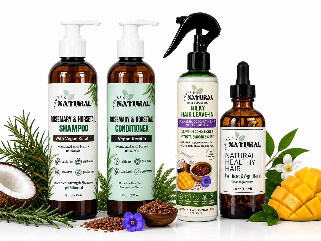 NEUTRA Natural Botanical Haircare Kit - Rosemary & Horsetail Shampoo, Vegan Keratin Treatment, Lightweight Conditioner for Any Fresh and Clean Haircare Needs
