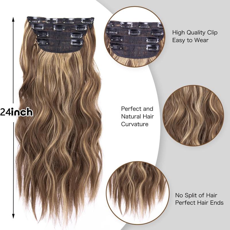 [Human Hair and Synthetic Fiber Blend Series] 22/24-inch Invisible Clip-in Wavy Hair Extensions, tangle-free, long and thick natural-looking hairpieces, suitable for women.