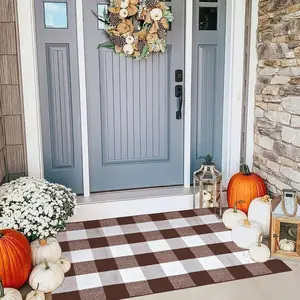 Plaid Rug 28 x 43 Inches Fall Outdoor Front Door Decor Mat, Cotton Washable Hand-Woven Rug for Layered Doormat, Autumn Halloween Thanksgiving Carpet for Porch (Brown and White Plaid)