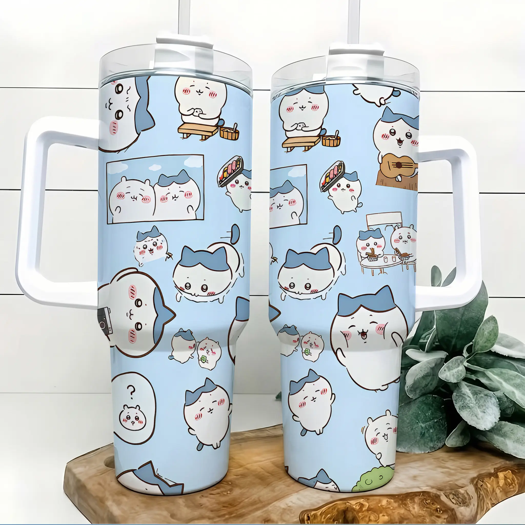 Chiikawa Hachiware Cute Cartoon 40oz Heat-Resistant Stainless Steel Flask - Portable Wide Mouth Reusable Insulated Tumbler with Handle, Straw, Wrap-Around Anime Design, Car Cup Gift for Teens
