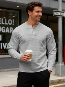 Men's Waffle Knit Fabric Henry Neck Long Sleeve Shirt, Vintage Casual Top, Fall Winter Layering Piece, Loose Fit Jacket & Outerwear, Menswear Knitwear