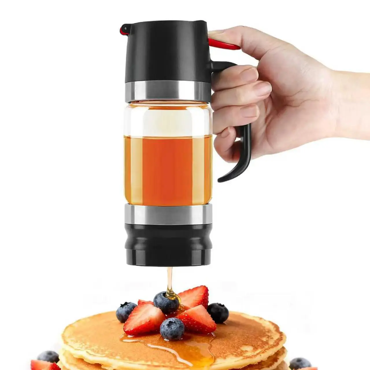 10oz Glass Honey Dispenser Canister with No-Drip Spout - Press-to-Pour, Handle, Easy-Clean Cap, Reusable Refill Bottle, Bottom-Spout Seal, Leak-Free Kitchen Gadget for Dispensing Maple-Syrup Ready, Pancakes, Tea, Baking