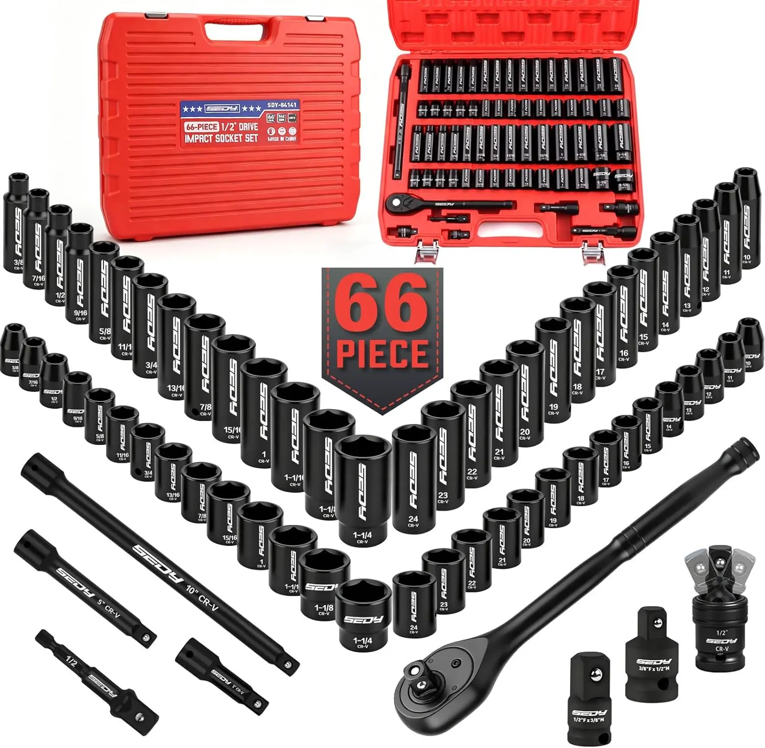 66-Piece 1/2" Drive Impact Socket Set, SAE 3/8" to 1-1/4" and Metric 10-24mm, Deep & Standard 6-Point Cr-V Sockets with Ratchet, Extension Bars, Adapters, Universal Joint, Drill Adapter, Storage Case fathersdaygift,father'sdaygifts
