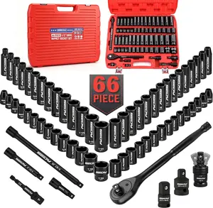 66-Piece 1/2" Drive Impact Socket Set, SAE 3/8" to 1-1/4" and Metric 10-24mm, Deep & Standard 6-Point Cr-V Sockets with Ratchet, Extension Bars, Adapters, Universal Joint, Drill Adapter, Storage Case