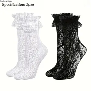 2Pairs Y2K Lace Crew Socks, Black White Frilly Aesthetic Knee High Socks, Light Breathable Casual Socks, Trendy Coquette Balletcore Accessory, Stylish Foot Wear for Spring Summer Daily Matching Outfit