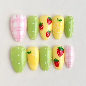 EclatNails 10Pcs Handmade Press On Nails, Nail Set, Fresh Fruity Nails with Strawberry, Lemon, Green Polka Dot & Pink Plaid Design, Cute Sweet Almond False Nails, Reusable Removable Nails for Women & Girls, Ideal for Spring Summer Daily & Casual Wear