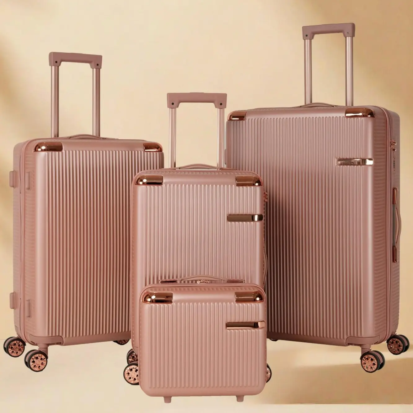 Rose Gold 4-Piece Hardshell Luggage Set, 14/19/23/27 Inch Carry-On Travel Luggage with 360 Spinner Wheels, Combination Lock, Lightweight Design