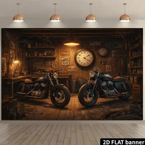 2D Flat Banner, 1pc Vintage Route 66 Motorcycle Backdrop with Wooden Wall Clock and Vintage Motorcycle Design, High-Definition Durable, No Installation Required, Ready to Hang, Party Decorations Banners. Suitable for Motorcycle-themed Parties