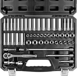 3/8" Drive Socket Set, 52- SAE (3/16-9/16 in) and Metric (4-14 mm) Deep & Shallow Socket Kit, 90- Ratchet Wrench, 6-Point, Chrome Vanadium Steel Mechanic Tool Set