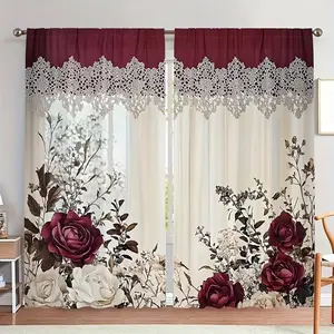 Vintage Floral Victorian Style Curtains Set of 2, Rod Pocket Installation, Digital Printing, Polyester Material, Light Blocking Privacy Protection